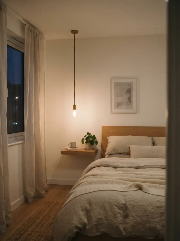 A small minimalist pendant light hanging in a compact bedroom, unobtrusive warm glow, uncluttered ceiling, cozy neutral bedding below, evening ambiance, vertical Pinterest photography, warm restrained styling.