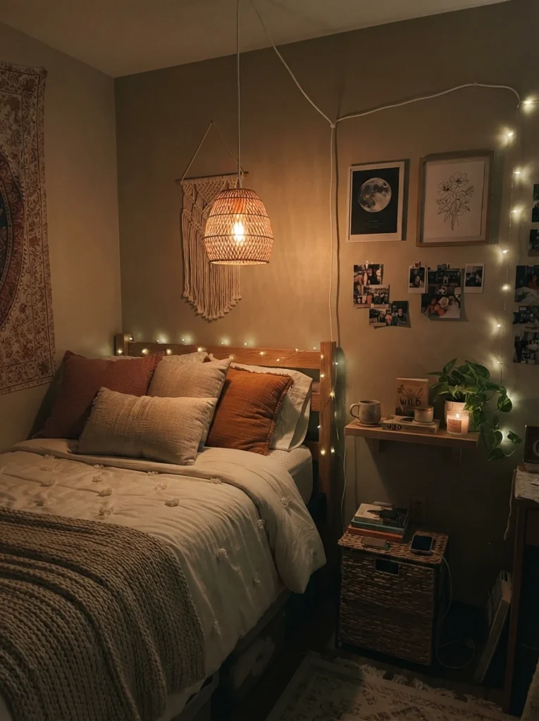 A small plug-in rattan pendant light hanging in a dorm room, warm glowing statement piece, cozy compact styling, evening ambiance, vertical Pinterest photography, warm boho tones.