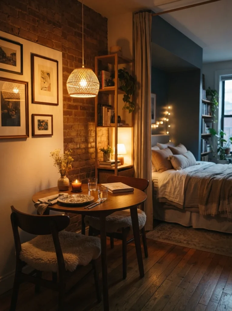 A small pendant light hanging over a compact studio dining corner, warm glow distinct from a cozy sleep area visible nearby, evening ambiance, vertical Pinterest photography, warm zoned dining tones.