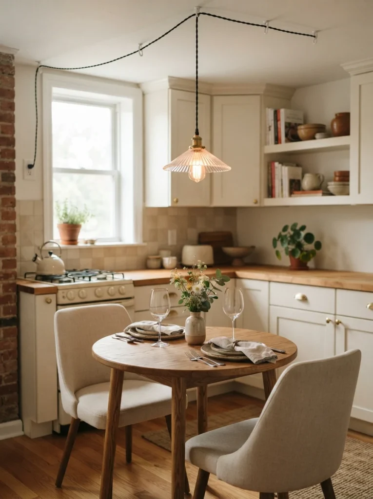 A single elegant plug-in pendant light with a fluted glass shade hanging centered above a small kitchen table set for two, warm bulb glow, cord routed cleanly along the ceiling to a wall outlet, cozy apartment kitchen with natural light, vertical Pinterest interior photography, warm inviting tones.