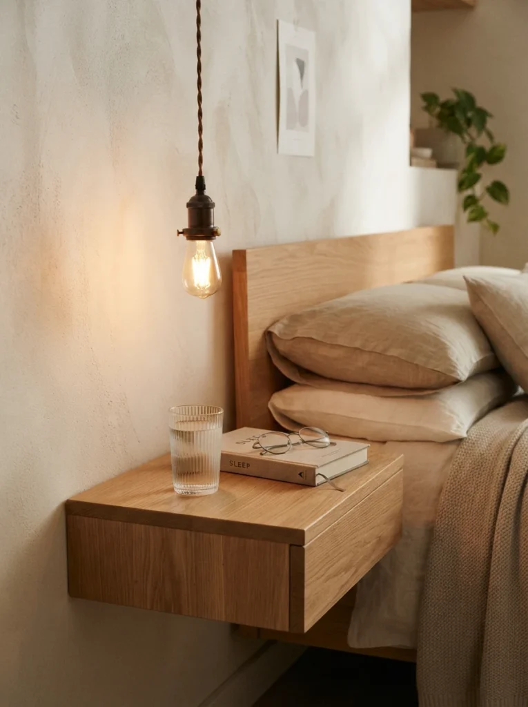 A small warm pendant light hanging low above a compact nightstand, soft glow illuminating a clear surface with just a glass of water and book, cozy neutral bedroom, evening ambiance, vertical Pinterest photography, warm minimalist tones.