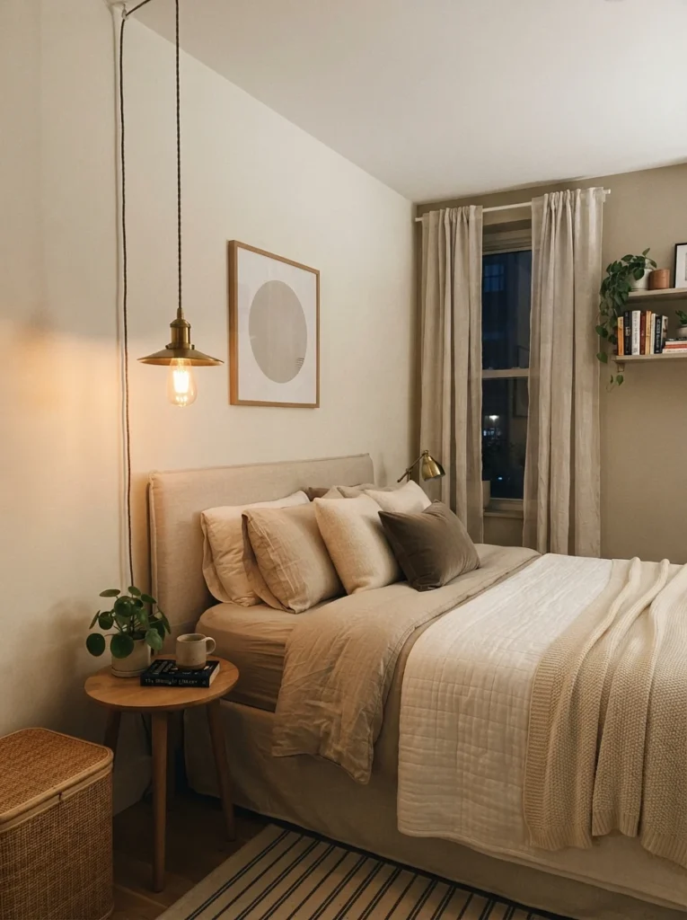 A small statement pendant light with a brass metallic finish hanging in a compact apartment bedroom, warm glowing focal point, cozy neutral bedding below, evening ambiance, vertical Pinterest photography, warm elegant tones.