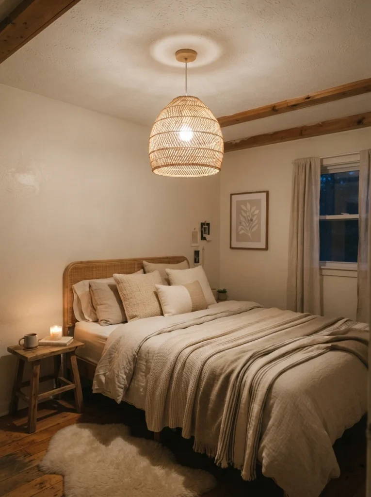 A proportionally sized pendant light fitting comfortably within a small low-ceiling bedroom, warm balanced glow, cozy neutral bedding, evening ambiance, vertical Pinterest photography, warm scaled styling.