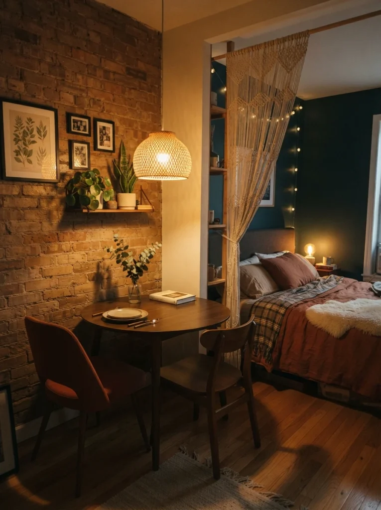A small pendant light hanging over a compact studio dining corner, warm glow distinct from a cozy sleep area visible nearby, evening ambiance, vertical Pinterest photography, warm zoned dining tones.