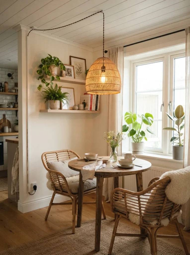 A stylish plug-in swag pendant light with a woven rattan shade hanging over a small round dining table, cord neatly routed along the ceiling and down the wall in a white cord cover, warm golden bulb glow, cozy breakfast nook with two chairs, morning light through a window, vertical Pinterest interior photo.