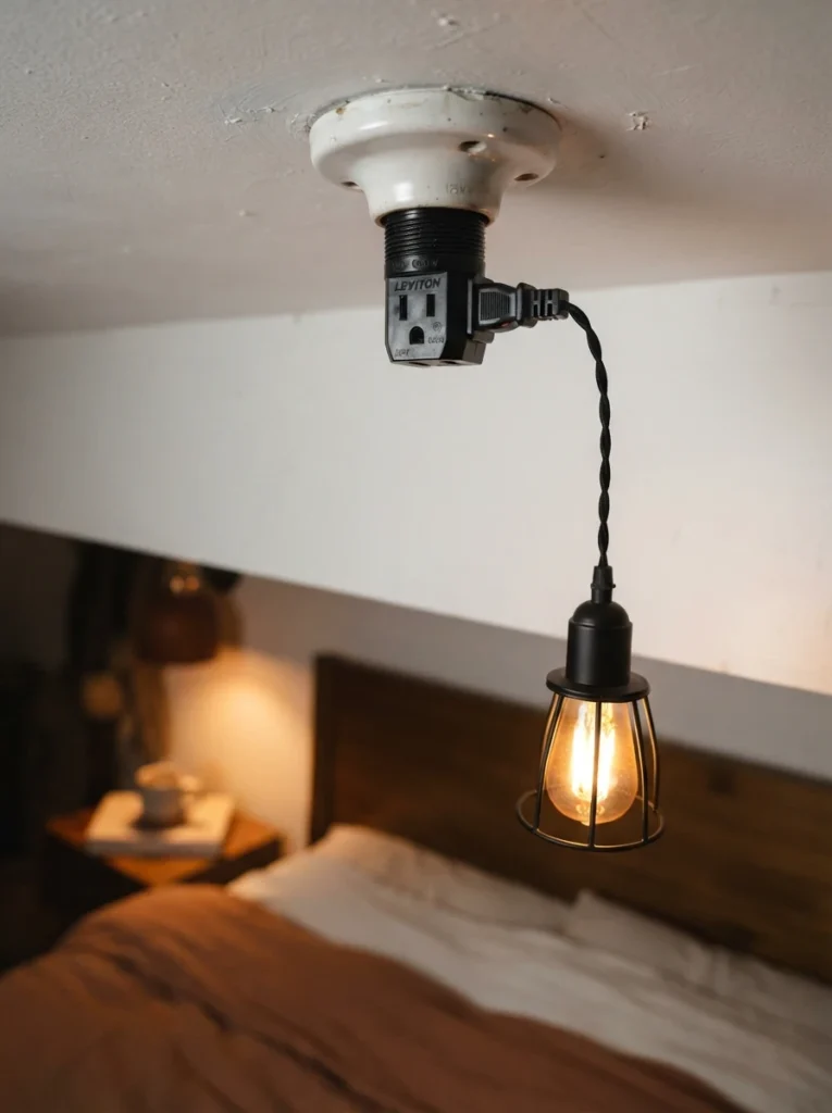Close-up of a light socket to outlet adapter screwed into a ceiling fixture, a small warm pendant light plugged into it, soft glow illuminating a cozy bedroom below, minimalist styling, vertical Pinterest photography, warm detail shot.