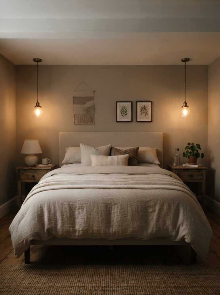 A pair of matching mini pendant lights hanging on either side of a bed in a low-ceiling bedroom, warm symmetrical glow, cozy neutral bedding, evening ambiance, vertical Pinterest photography, warm balanced styling.