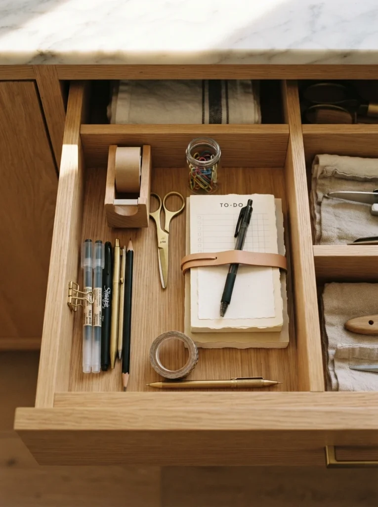 Two separate kitchen drawers open side by side, one holding tools and one holding office supplies, warm kitchen lighting, vertical Pinterest photography, warm dual-drawer styling.