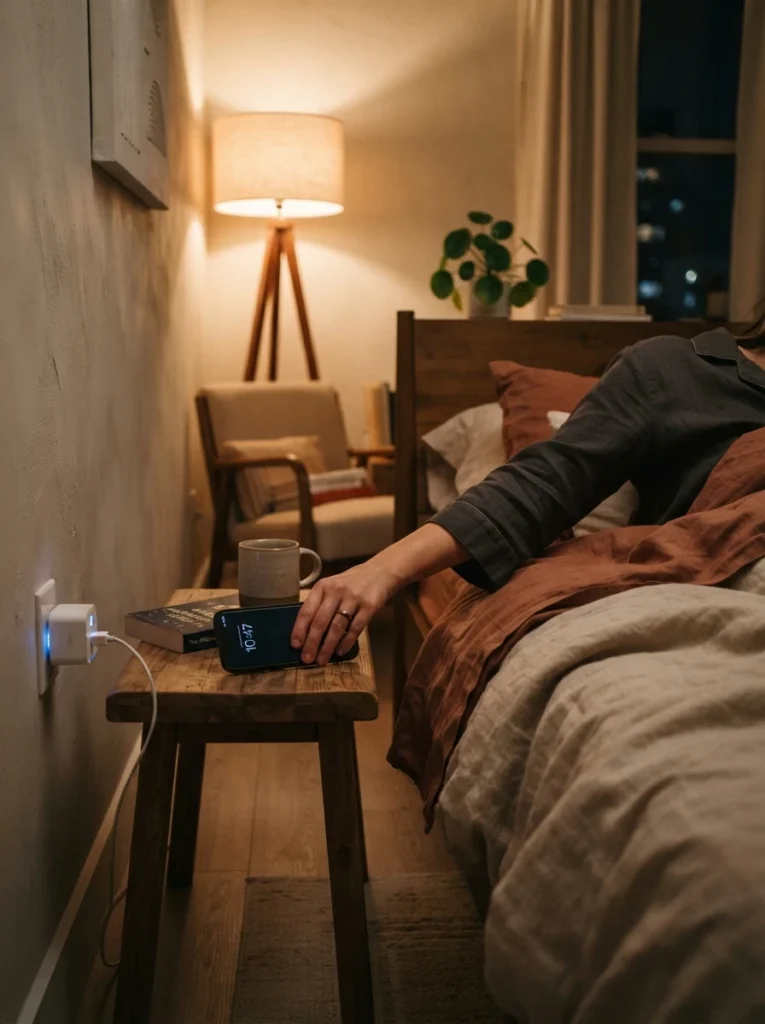 Cozy small bedroom at night, person's hand reaching for a smartphone on a nightstand next to a smart plug and warm glowing floor lamp in the background, soft ambient lighting, relaxed bedtime scene, warm color tones, minimal modern decor, vertical Pinterest photo, intimate lifestyle photography style.