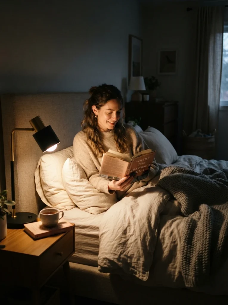 A person reading in bed under a single warm task lamp, rest of the bedroom dimmed and softly lit, cozy evening wind-down atmosphere, neutral bedding, vertical Pinterest photography, warm intimate lighting.