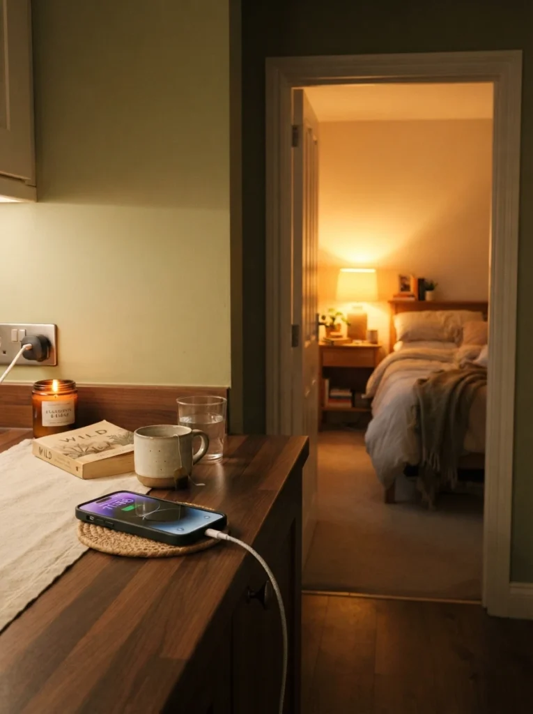 A phone charging on a kitchen counter outside a cozy warm-lit bedroom visible through a doorway, soft golden bedroom glow in the background, calm evening routine, vertical Pinterest photography, warm lifestyle photography style.