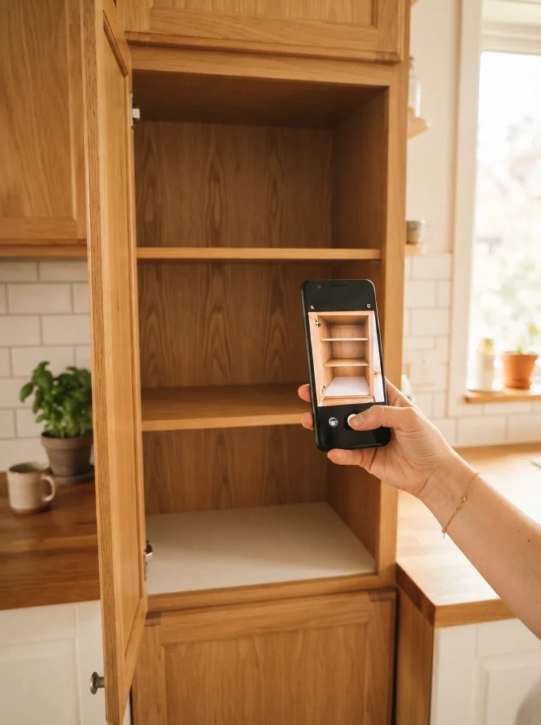 A phone camera photographing the inside of an empty kitchen cabinet before organizing begins, warm kitchen lighting, vertical Pinterest photography, warm documentation styling.