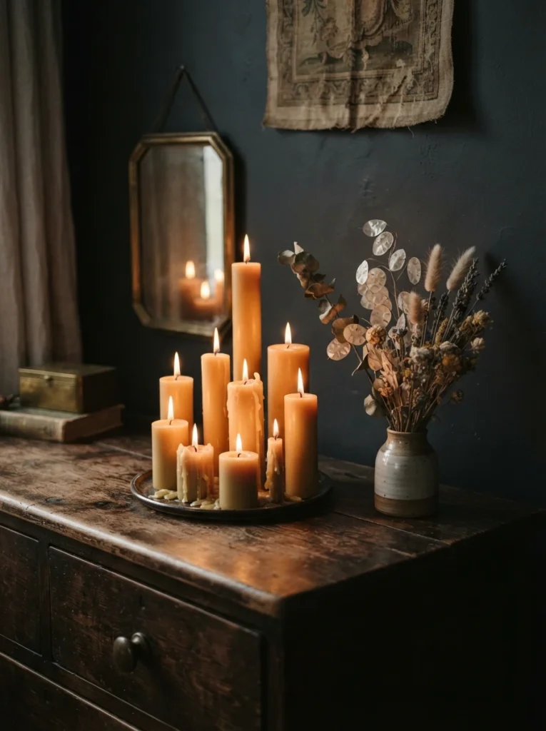 A cluster of pillar candles at varying heights on a dark wooden dresser, warm flickering glow against deep charcoal walls, dried flowers in a small vase nearby, evening moody atmosphere, vertical Pinterest photography, warm intimate tones.