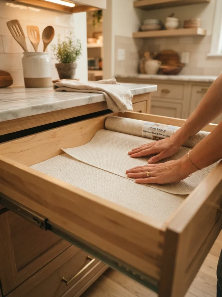 A drawer liner being placed inside an empty kitchen drawer before adding organizers, warm kitchen lighting, vertical Pinterest photography, warm protective styling.