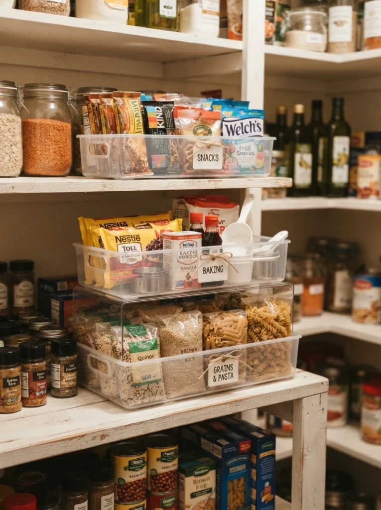 Dollar-store plastic bins on a pantry shelf, holding grouped loose items, warm kitchen lighting, vertical Pinterest photography, warm budget-container styling.