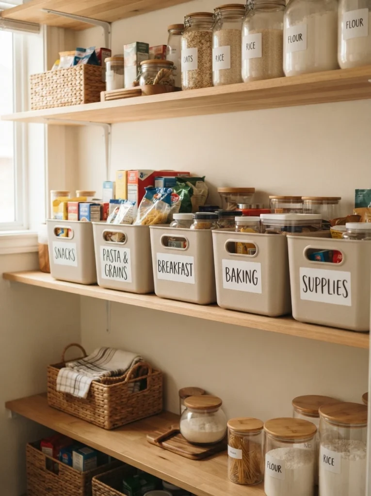 Plastic bins spray-painted in a matching neutral color, unified appearance on a pantry shelf, warm kitchen lighting, vertical Pinterest photography, warm painted-unity styling.