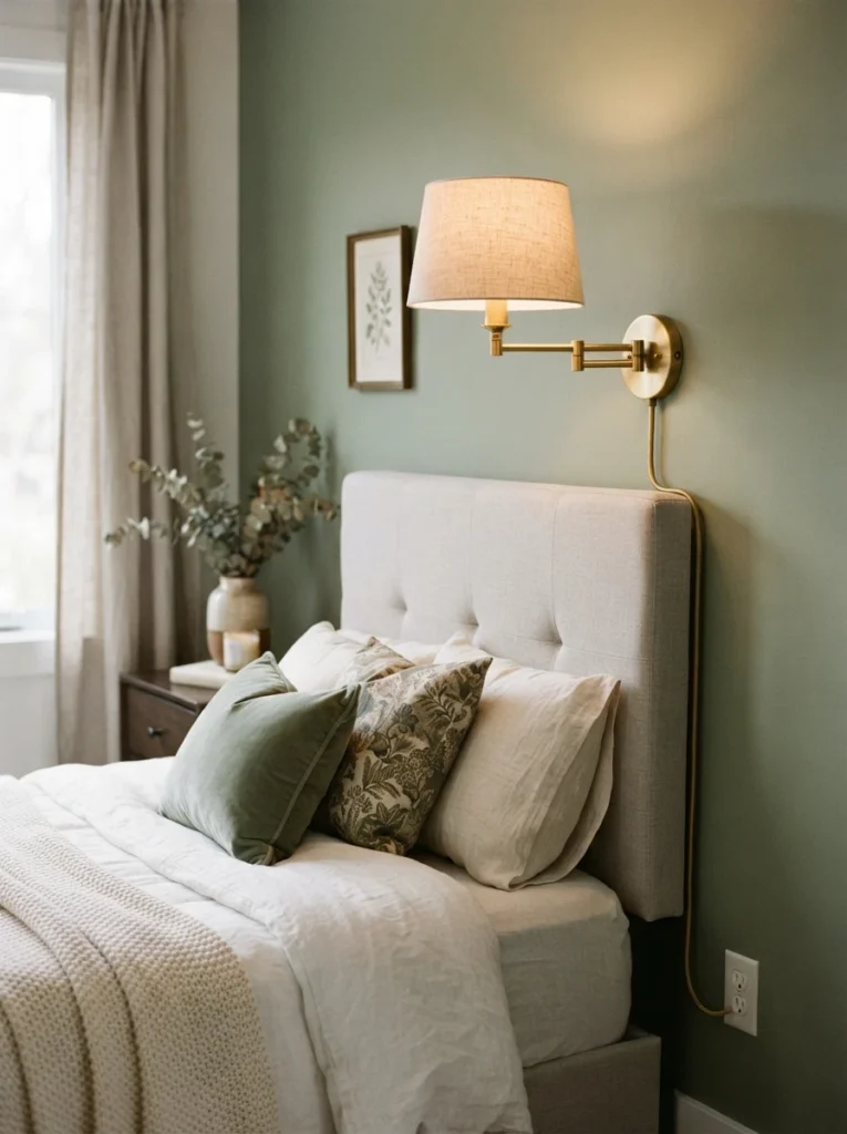 Close-up of an elegant plug-in wall sconce mounted above a bed headboard, brass fixture with a fabric drum shade, cord neatly tucked into a matching cord cover running down to a hidden outlet, warm ambient glow against a sage green wall, styled bedding with throw pillows, soft natural window light mixing with lamp glow, vertical Pinterest-style interior photography.