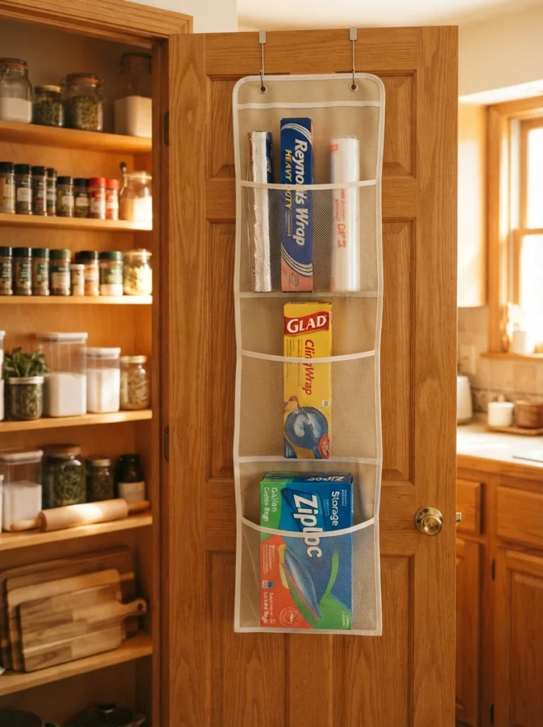 A slim pocketed door organizer holding foil, plastic wrap, and bags vertically, warm kitchen lighting, vertical Pinterest photography, warm vertical-pocket styling.