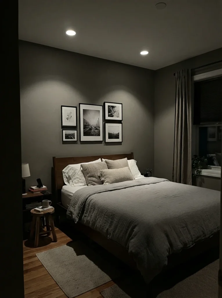A small bedroom lit incorrectly with downward-only recessed spots casting shadows on the walls, showing the visual mistake, dim corners, vertical Pinterest photography, dim contrasting tones.