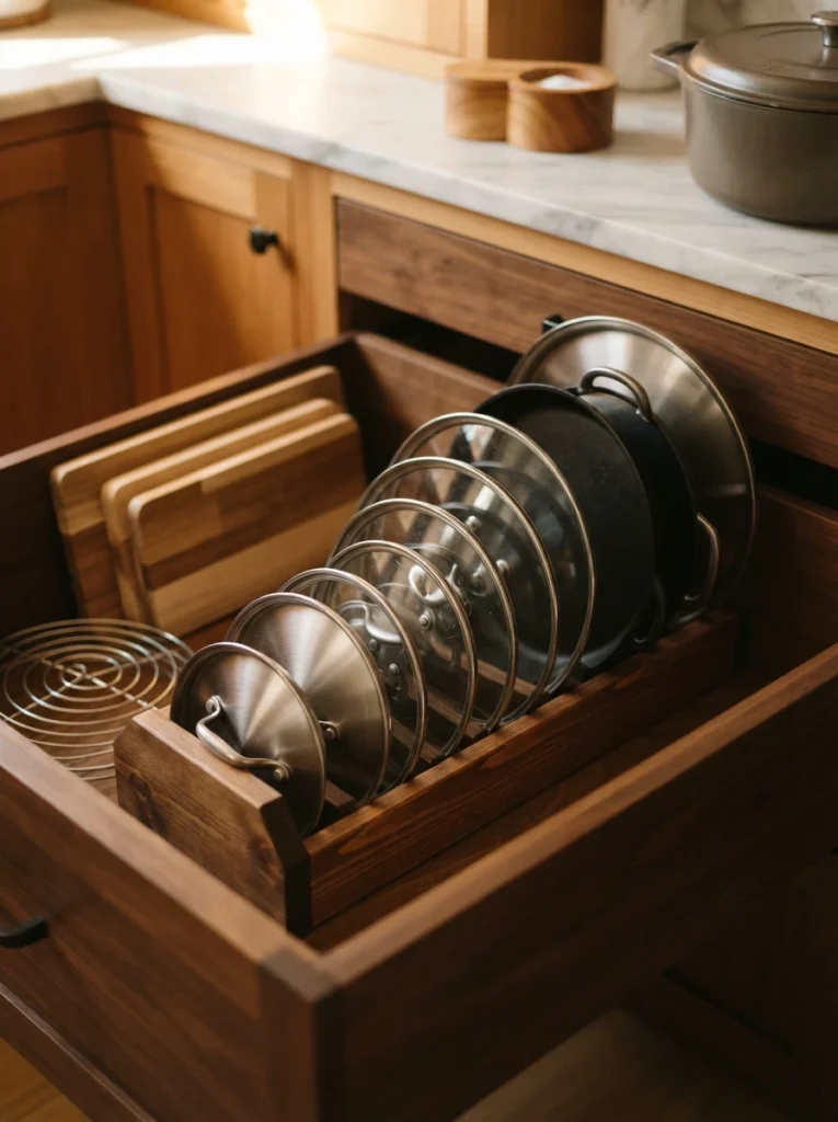 Pot lids stored vertically and separately from pots in a deep cabinet, an angled tray keeping them upright, warm kitchen lighting, vertical Pinterest photography, warm separated styling.