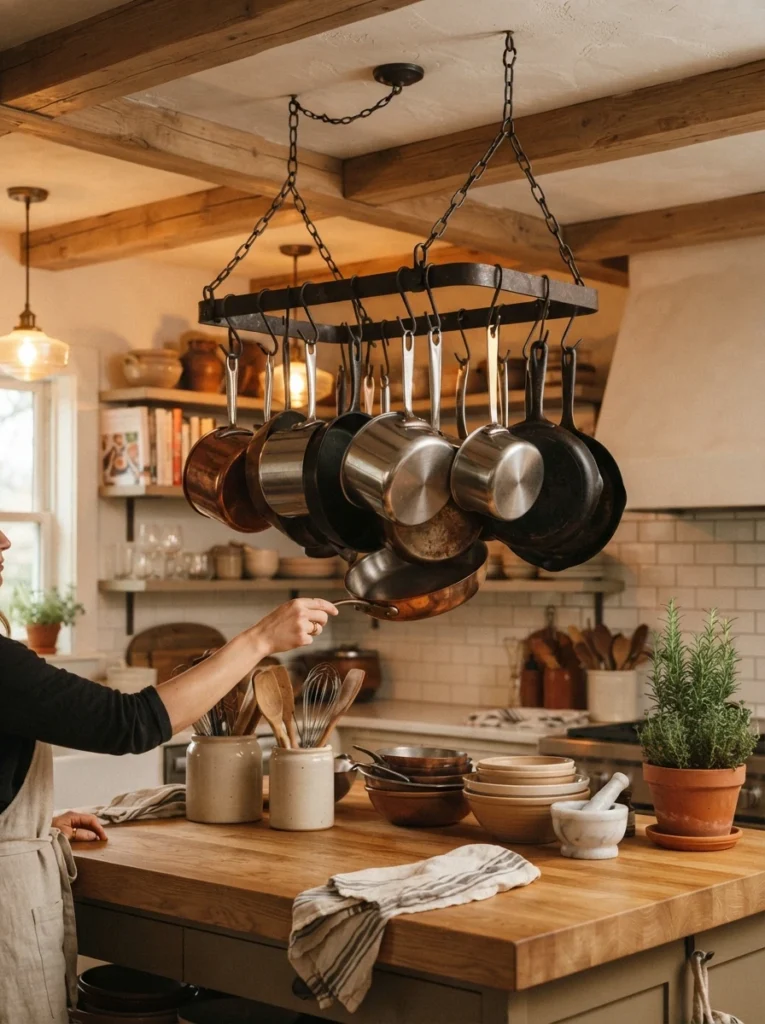 A hanging pot rack mounted from the ceiling, pots and pans suspended within reach, warm kitchen lighting, vertical Pinterest photography, warm hanging styling.