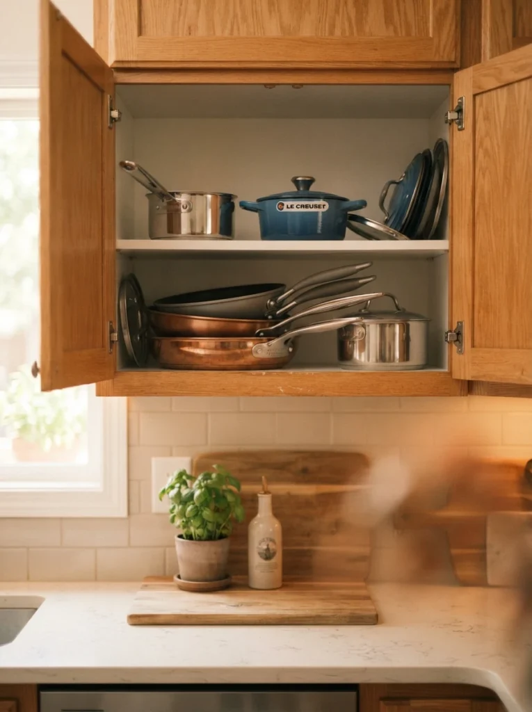 Small pots and pans stored in an upper kitchen cabinet, easily reachable at standing height, warm kitchen lighting, vertical Pinterest photography, warm upper-storage styling.
