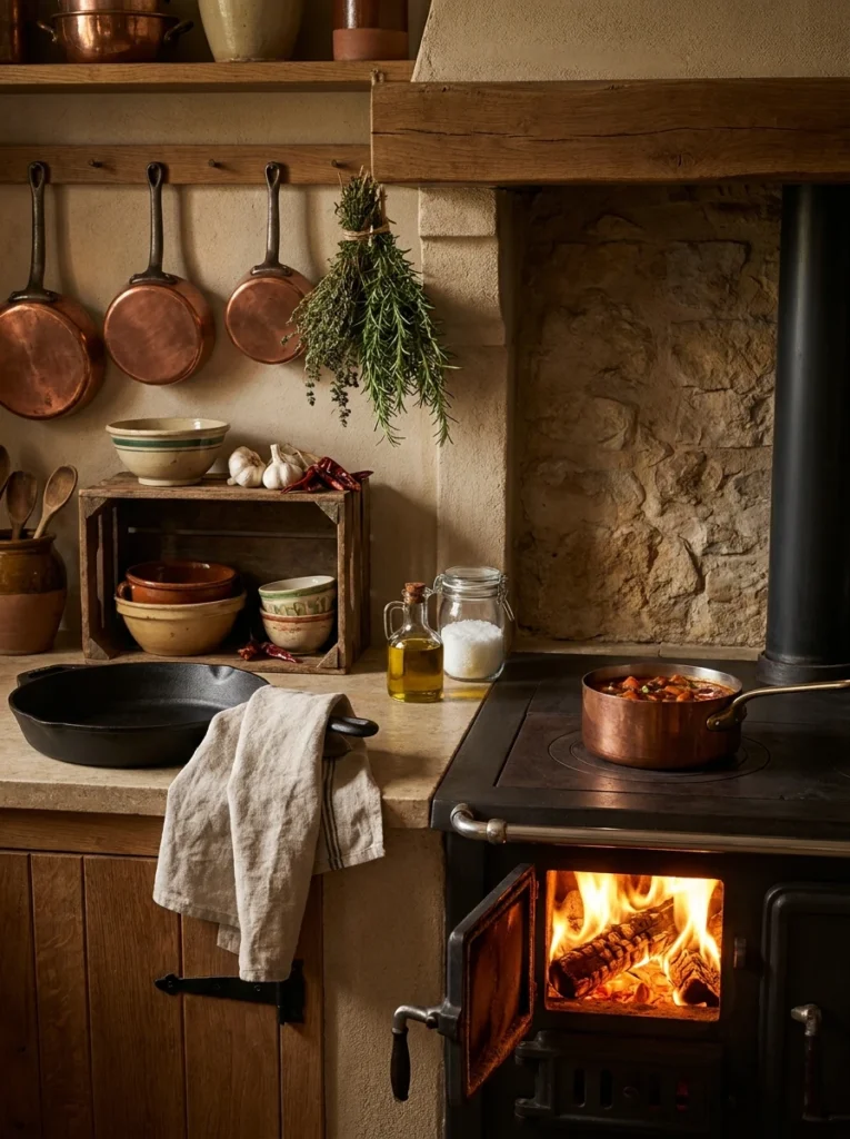 A cooking zone near the stove holding pots, pans, and cooking utensils, warm kitchen lighting, vertical Pinterest photography, warm stove-adjacent styling.