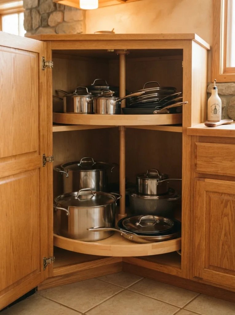 Large pots and pans with lids stored inside an open corner cabinet, organized by size, warm kitchen lighting, vertical Pinterest photography, warm functional grouping.