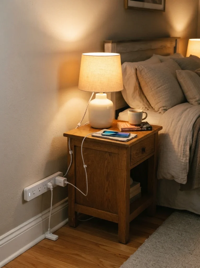 A slim flat-plug power strip mounted low on a bedroom wall behind a nightstand, warm lamp and phone charger plugged in neatly, minimal visible cords, cozy evening bedroom scene, vertical Pinterest interior photography, warm ambient tones.