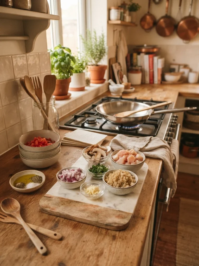 A small organized cooking zone on a counter with prepped ingredients in bowls before cooking begins, warm kitchen lighting, vertical Pinterest photography, warm workflow styling.