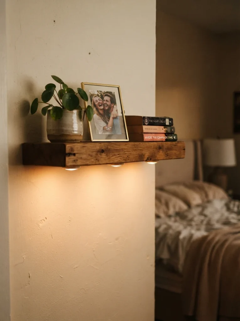 Close-up of small warm puck lights tucked under a floating wood shelf in a bedroom, soft downward glow illuminating a small plant, framed photo, and stack of books, cozy warm styling, blurred bedroom background, vertical Pinterest photography, warm ambient tones.