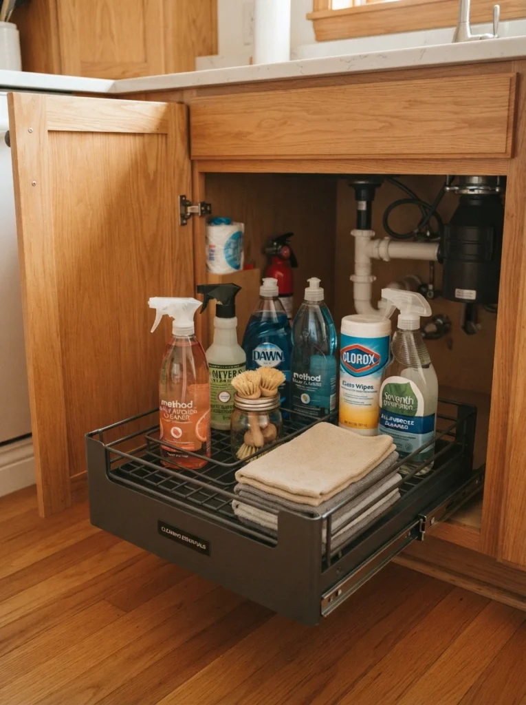 A pull-out drawer organizer extended from an under-sink cabinet on rails, filled with cleaning supplies, warm kitchen lighting, vertical Pinterest photography, warm accessible styling.