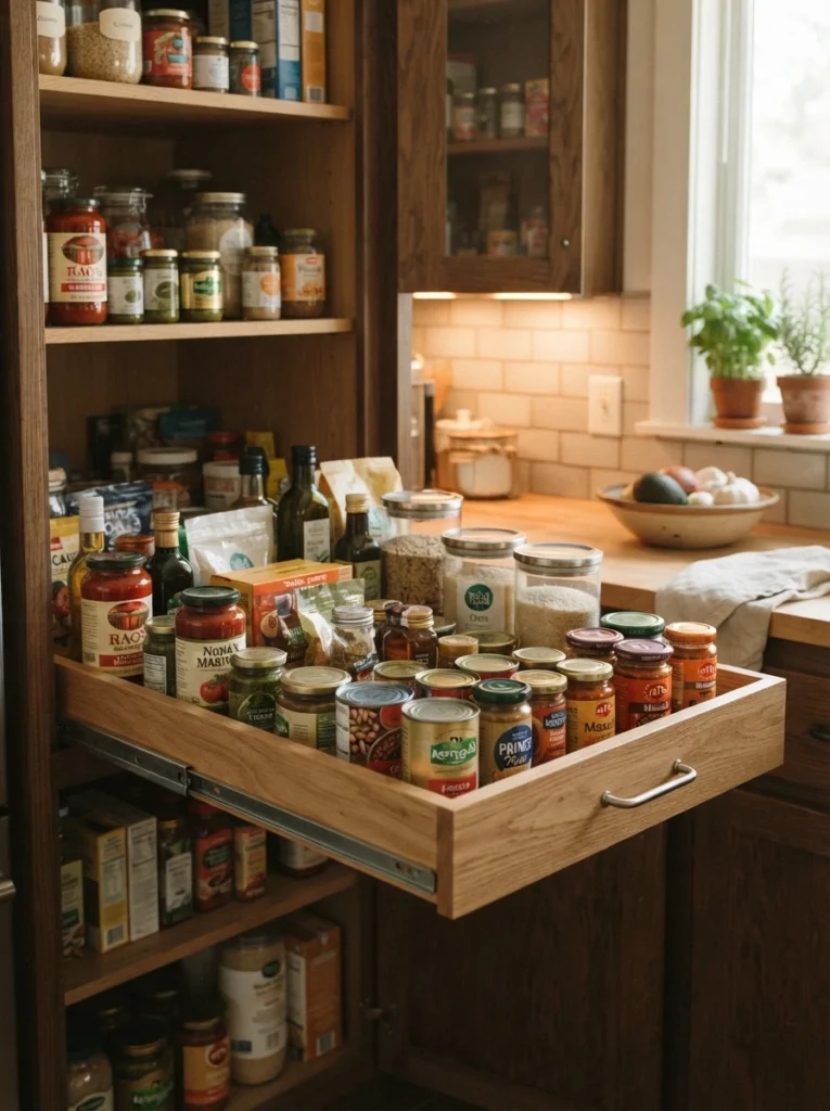 A pull-out pantry shelf extended forward, showing food items across the full depth of the shelf, warm kitchen lighting, vertical Pinterest photography, warm accessible styling.
