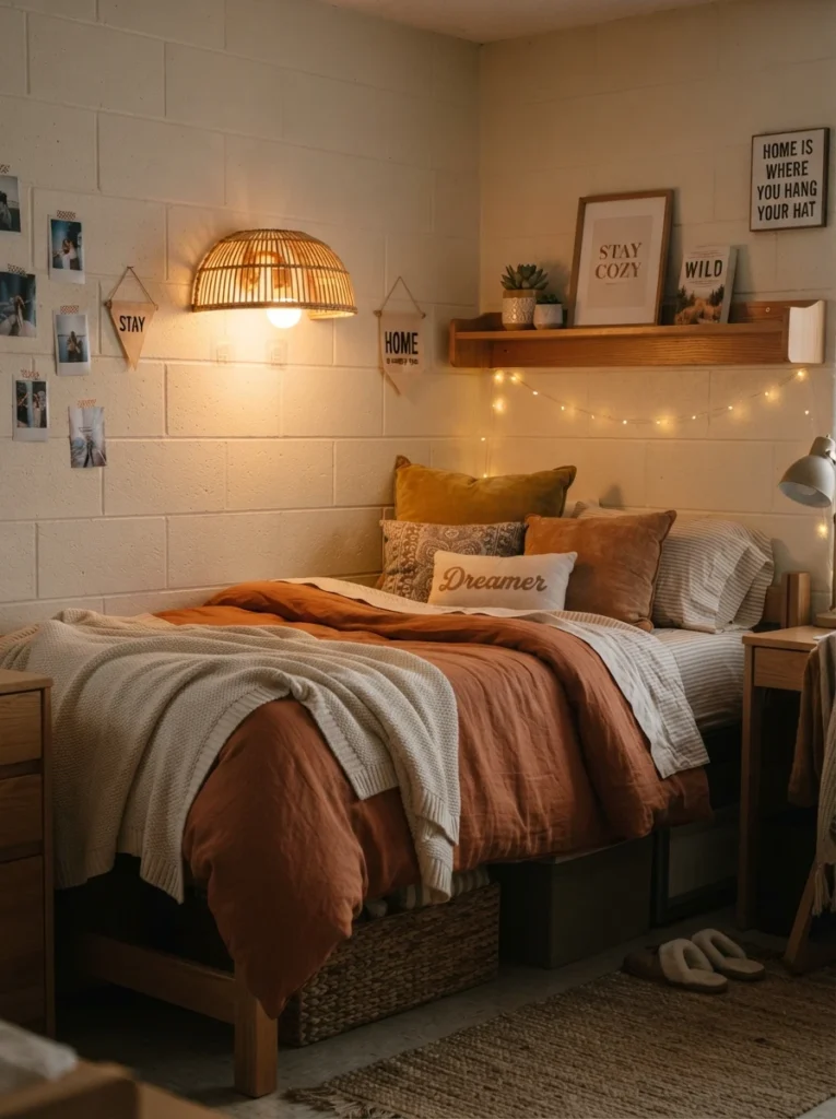 A small rattan wall sconce mounted with adhesive strips above a dorm bed, warm glow, cozy compact styling, evening ambiance, vertical Pinterest photography, warm removable-friendly detail.