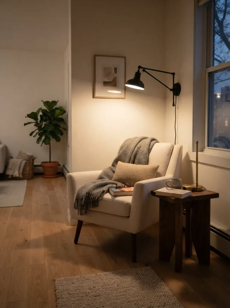A small reading corner with a wall-mounted swing-arm task light, warm focused glow on a chair and side table, minimalist open floor space, cozy evening atmosphere, vertical Pinterest interior photography, warm functional lighting.