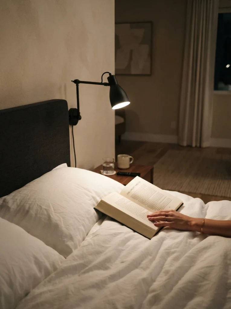 A sleek matte black adjustable reading lamp mounted beside a hotel-style bed, focused warm light on an open book, crisp white bedding, minimalist luxurious styling, evening ambiance, vertical Pinterest photography, warm directional lighting detail.
