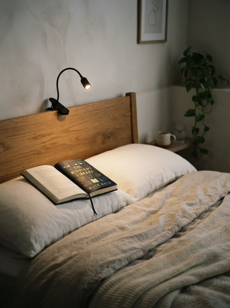 A small battery-operated clip-on reading lamp attached to a wooden headboard, warm focused light illuminating an open book on the pillow below, cozy neutral bedding, soft evening ambiance, minimalist bedroom styling, vertical Pinterest photo, warm intimate lighting.