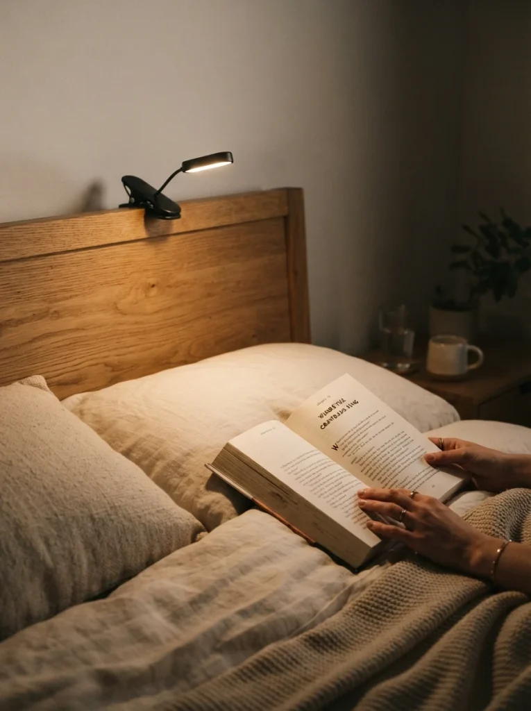 A small battery-powered clip-on reading light attached to a wooden headboard, warm focused light on an open book, cozy neutral bedding, minimalist styling, evening ambiance, vertical Pinterest photography, warm intimate tones.