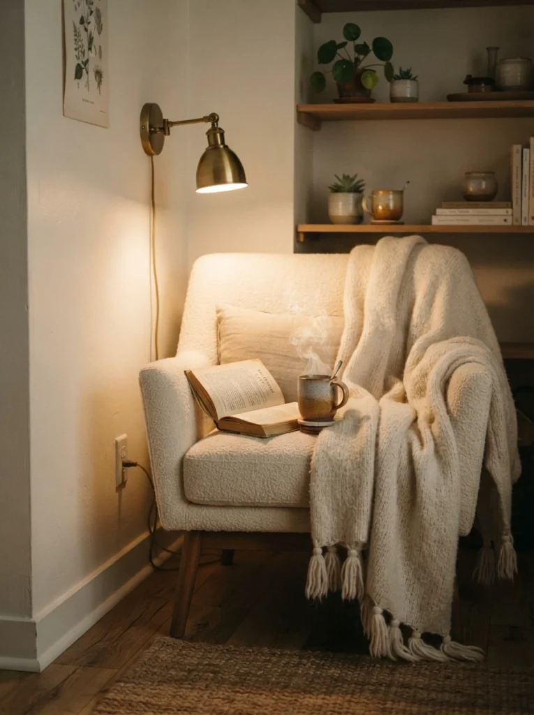 A cozy reading nook chair tucked into a small corner with a single angled plug-in sconce above it, warm focused light on an open book and cup of tea, soft textured throw blanket, minimalist styling, vertical Pinterest photography, warm intimate tones.