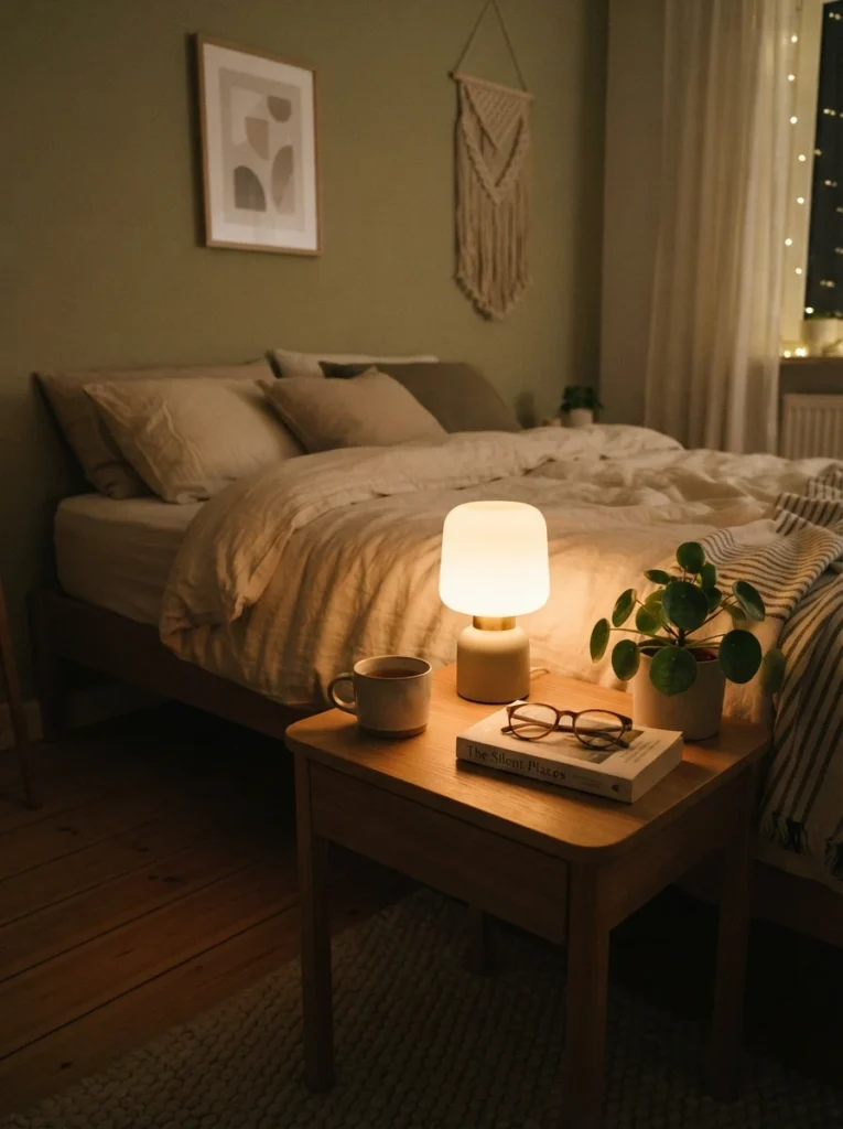  A small rechargeable LED lamp glowing warmly on a studio apartment nightstand, intimate cozy evening atmosphere, minimalist styling, vertical Pinterest photography, warm portable lighting detail.