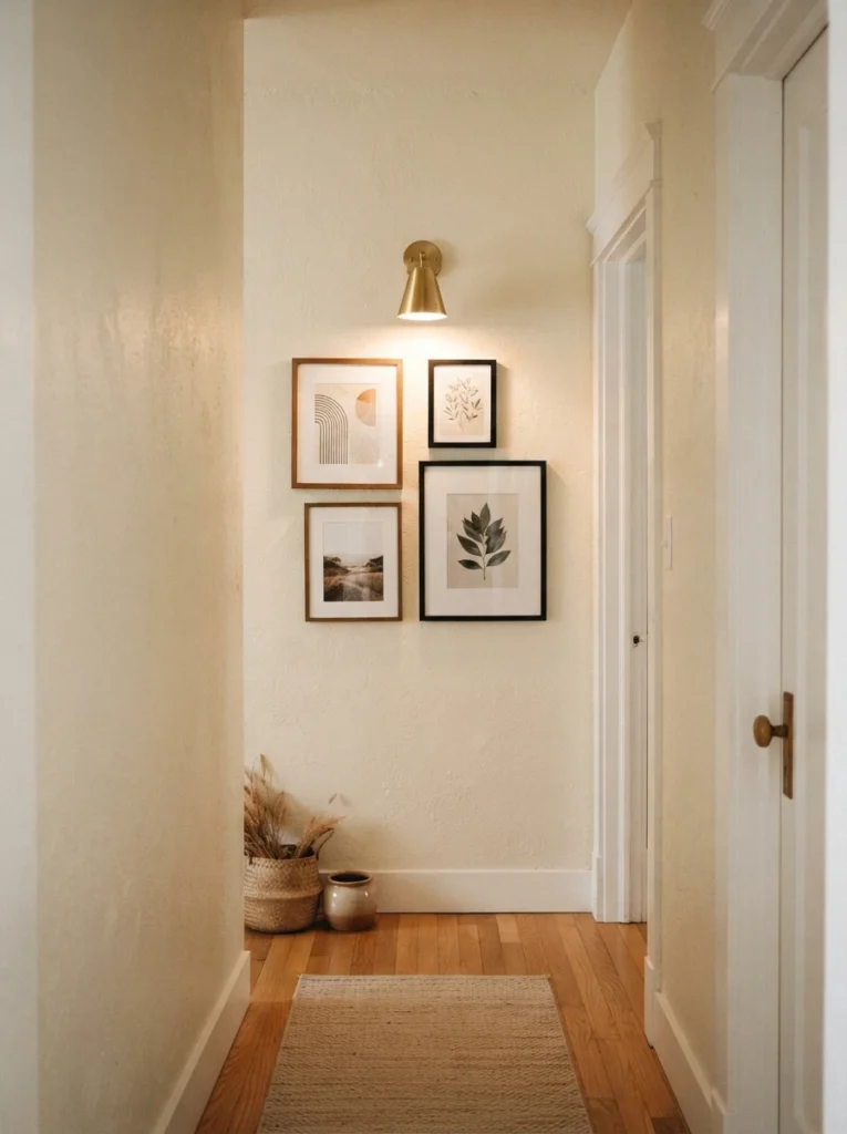 A small rechargeable wall light mounted in a narrow apartment hallway with no visible cords or outlets, warm glowing fixture against a cream wall, gallery of framed art beneath it, soft ambient light, cozy transitional hallway space, vertical Pinterest photography, warm and minimal styling.