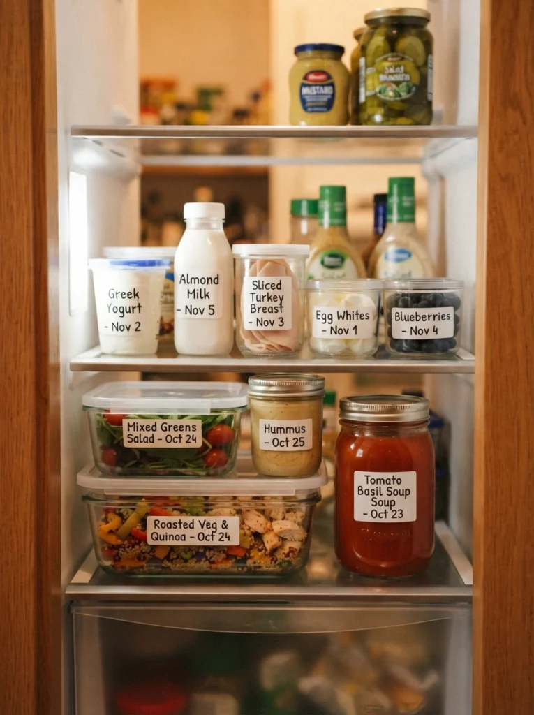 Refrigerator shelf showing older items positioned at the front and newer items toward the back, labeled containers, warm kitchen lighting, vertical Pinterest photography, warm rotation-focused styling.