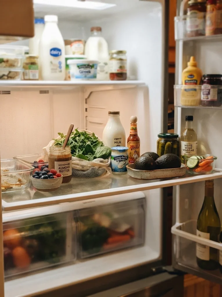 A moderately filled refrigerator shelf with visible space between items for airflow, warm kitchen lighting, vertical Pinterest photography, warm breathable styling.