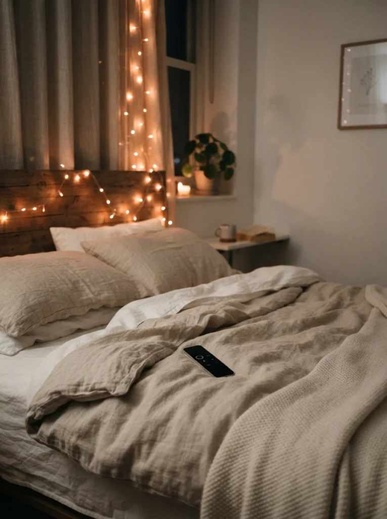 Warm incandescent-style string lights with visible glass bulbs strung along a bedroom wall, sophisticated cozy glow, minimalist apartment styling, evening ambiance, vertical Pinterest photography, warm elegant tones.