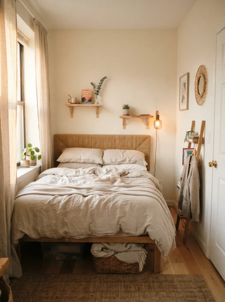 Tiny renter-friendly bedroom with floating wooden bedside shelves instead of bulky nightstands, soft linen bedding, warm morning sunlight through sheer curtains, compact apartment proportions, minimal decor, realistic lived-in details, calming neutral color palette, ultra realistic Pinterest home photography