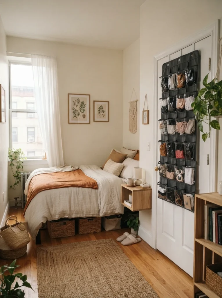Tiny renter-friendly bedroom with hidden over-the-door storage organizer, warm neutral decor, compact realistic apartment layout, soft natural daylight, cozy textures, visually clean organization setup, Pinterest-worthy ultra realistic interior design photography