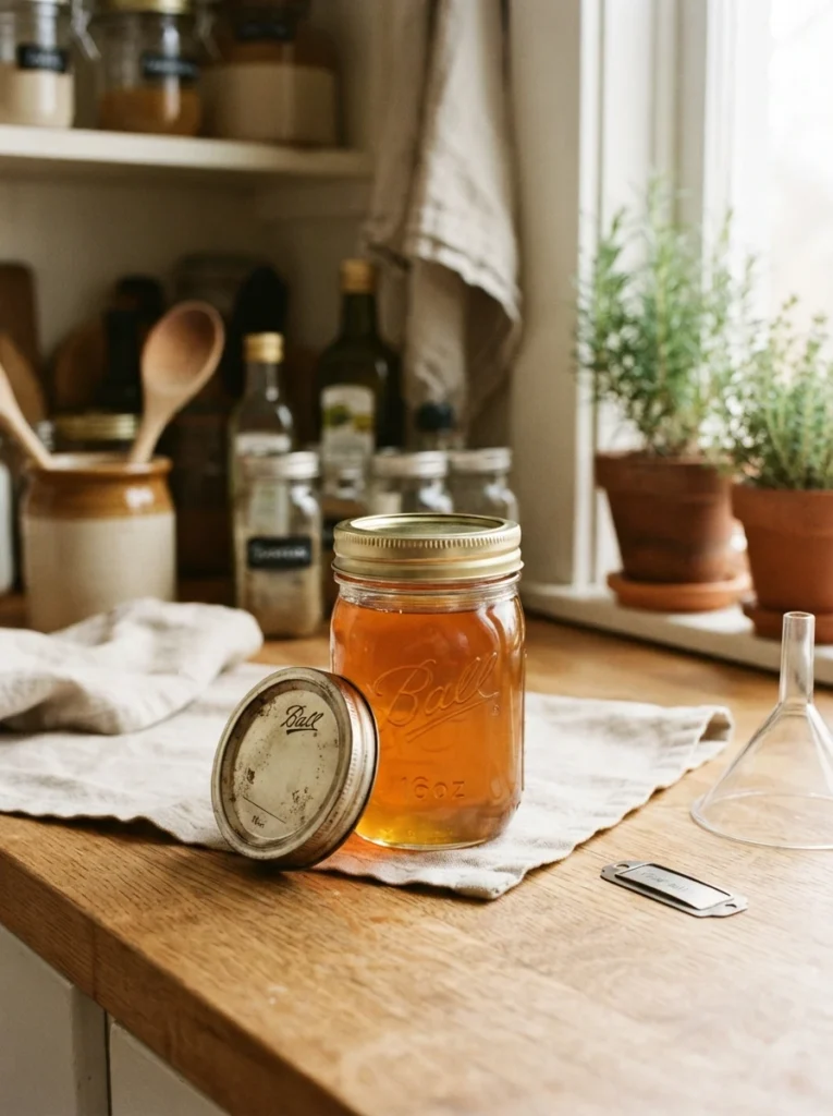 A glass jar with a fresh replacement lid, previous lid set aside, warm kitchen lighting, vertical Pinterest photography, warm maintenance-focused styling.