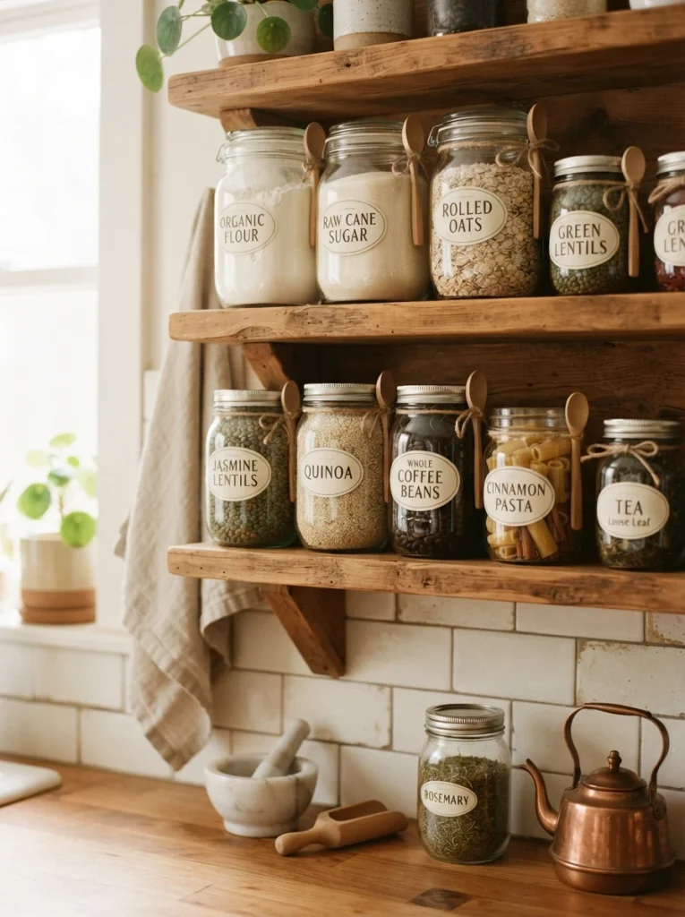 Repurposed glass jars from store-bought products, cleaned and relabeled, holding pantry staples, warm kitchen lighting, vertical Pinterest photography, warm repurposed styling.