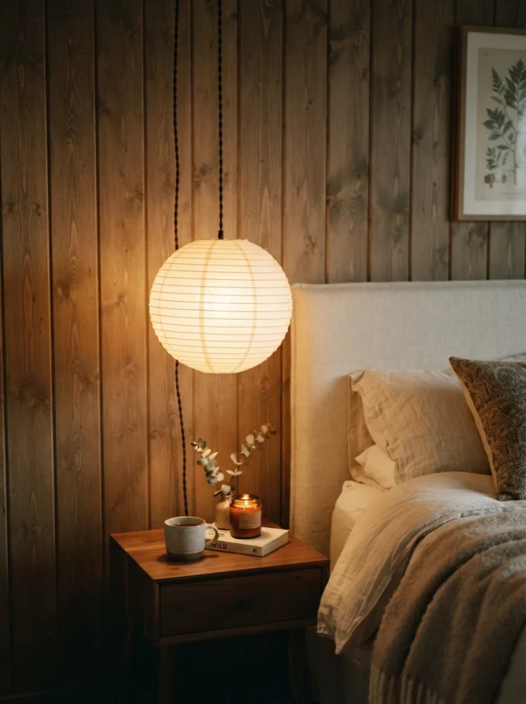 A warm ribbed paper-lantern pendant hanging beside a bed against a wood-paneled wall, soft glowing reflection, clear nightstand surface below, cozy evening ambiance, vertical Pinterest photography, warm natural tones.