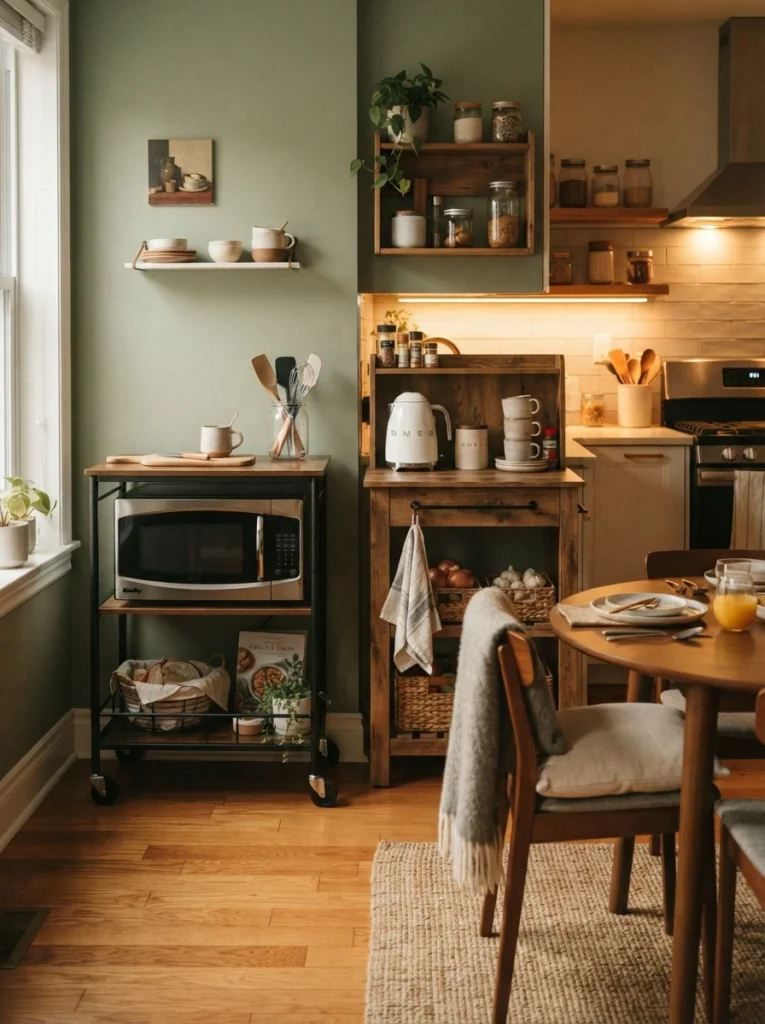 A rolling cart and microwave stand set up in a dining area adjacent to a small kitchen, functioning as an extension of it, warm kitchen lighting, vertical Pinterest photography, warm extended-space styling.